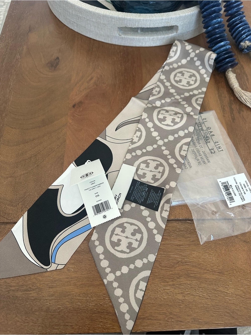 NWT Tory Burch Abstract Print Silk Scarf - Taupe, Black, White, Blue - Picture 6 of 7
